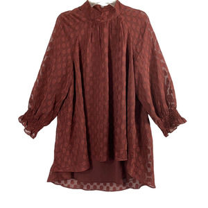 Dr2 Womens‎ Top XS Burgundy Red Polka Dot Flowy Hi Low Career Blouse
